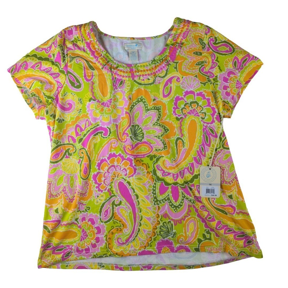 Caribbean Joe Women's Tropical Fish Paisley Tee Green Orange Pink Yellow 1x NWT